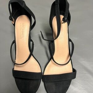 Michael Shannon Black Suede Strappy Ankle-Heel Sandals with T-Strap
